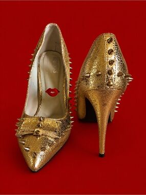 Gold Spiked Pointed-Toe Stiletto Heels - Women's Evening Pumps